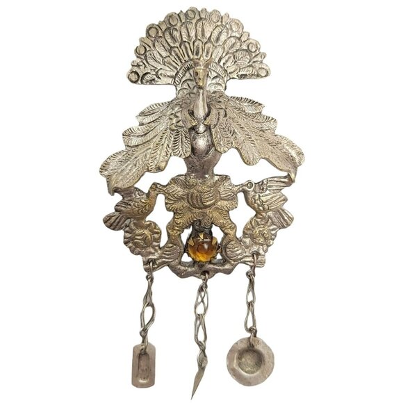 Antique Silver Plated Yellow Glass Cabochon Peruvian Peacock Mantu Shawl Pin